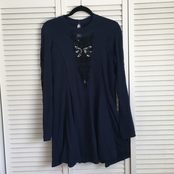 Free People Navy Sequined Long Sleeve dress Size S - Picture 1 of 7